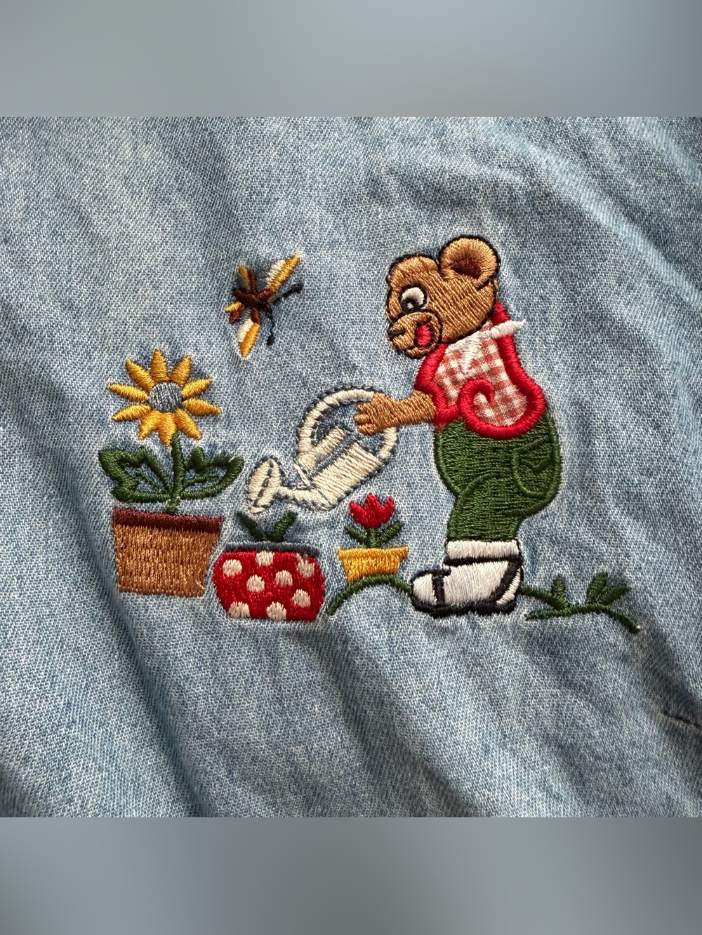 VTG Shirt Button down Vintage Embroidered Denim Bear Gardening Cotton Shirt L/XL